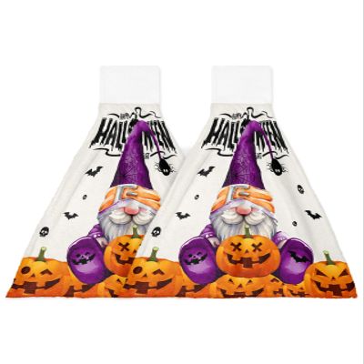 BOBOWUNY 2 Pcs Hanging Kitchen Hand Towels, Halloween Gnomes Super Soft Microfiber Tie Towels Aborbent Washcloth for Bathroom Oven Tea Bar Spooky Pumpkin Horror Orange Purple