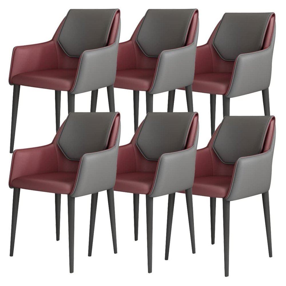 Artificial Leather Dining Chairs Set of 6 Kitchen Lounge Living Room Reception Chair Ergonomic Armrests Backrest and Iron Art Legs(Wine red+Dark Gray)