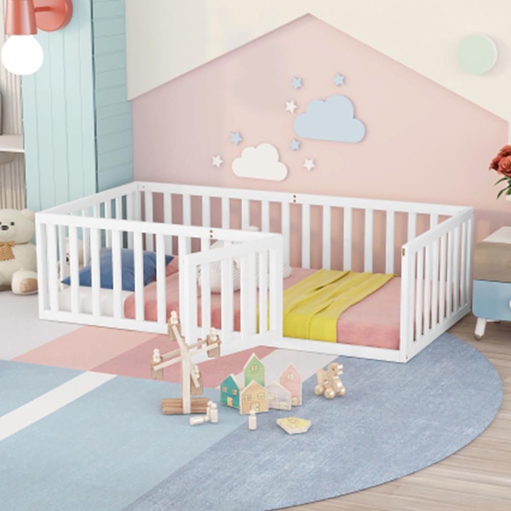 P PURLOVE Twin Size Floor Bed Frame for Kids, Wood Montessori Floor Beds with Fence Rail for Boys Girls,(White,Twin Bed