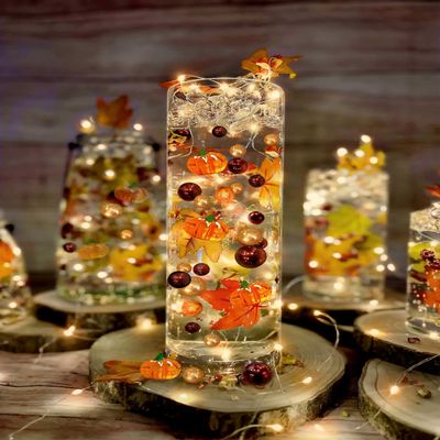 Vase Pearlfection 250 Floating Realistic Shades of Fall Leaves- Pumpkins- Mums- Pearls- Large Sizes- Fills 5 Gallons of The Transparent Floating Gels with 5 Pre-Measured Floating Gels Prep Bags