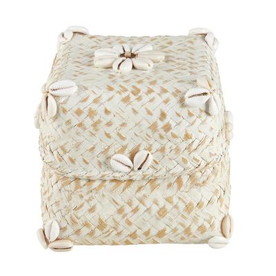 47th & Main Shell Basket Square Woven Bamboo Storage Box with Lid, 5" x 4.5", White