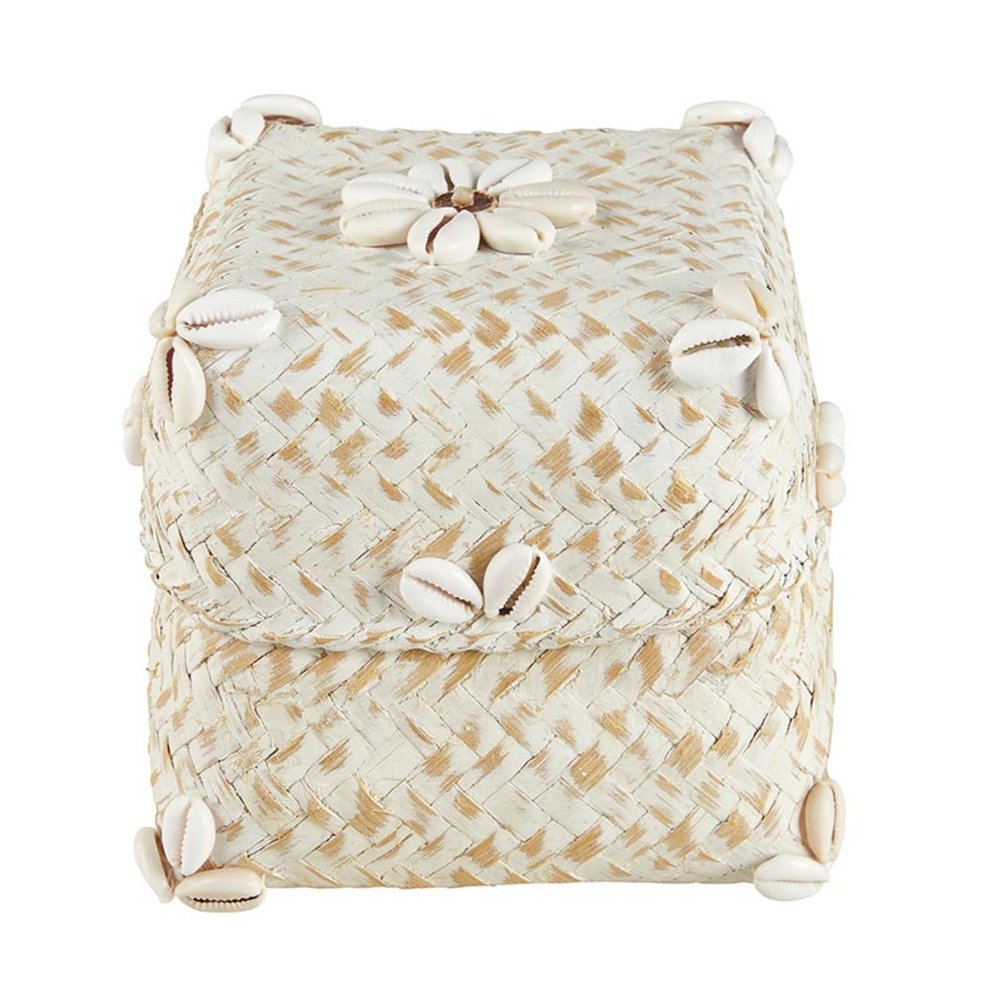 47th & Main Shell Basket Square Woven Bamboo Storage Box with Lid, 5" x 4.5", White