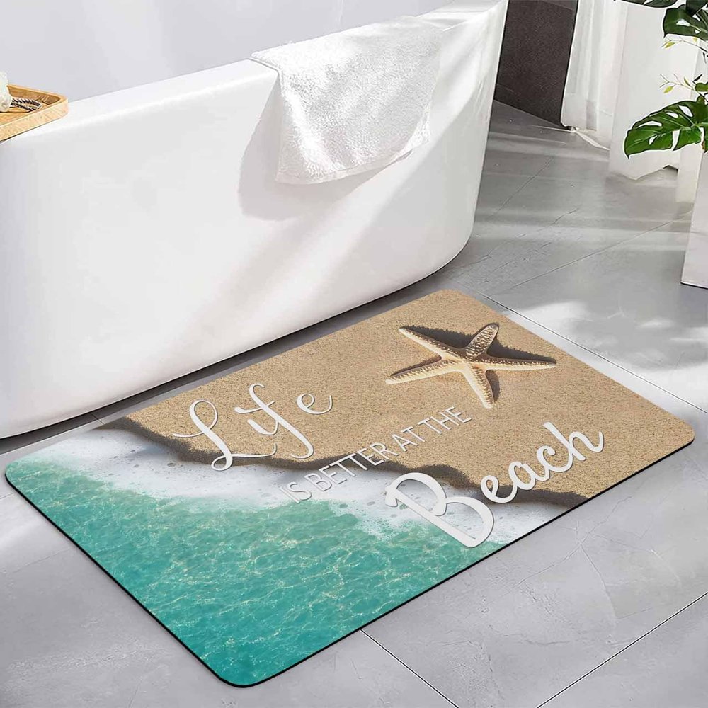YESOF66 Summer Diatomaceous Earth Bath Mat Bathtub Mat, Life is Better at The Beach Quick Dry Non-Slip Diatomite Mud Bathroom Floor Rugs for Bath Tub Kitchen Absorbent Pad, 18x30 Inch