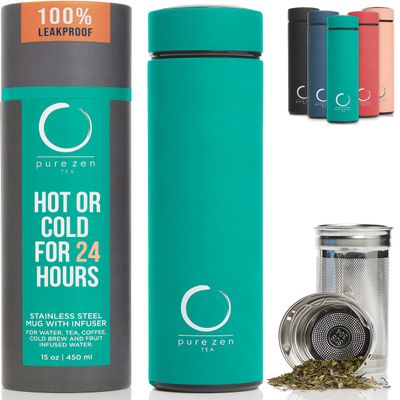 Pure Zen Tea Thermos with Infuser for Hot and Cold Infusions - Stainless Steel - Tea Infuser Bottle - Leakproof Travel Mug with Filter - 15oz