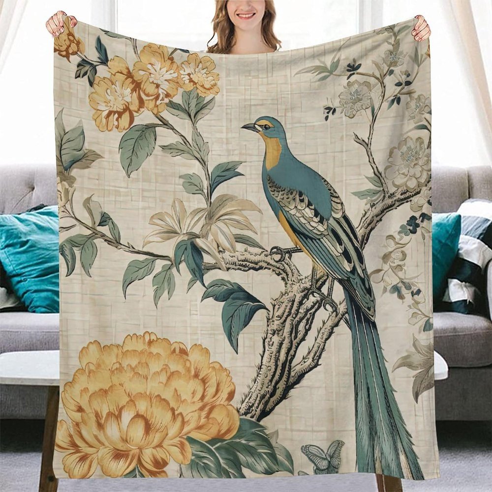 Yinrune Chinoiserie Bird Flower Throw Blanket Yellow Grey Fuzzy Blanket Blankets Super Comfort Warmth Coral Fleece Blanket for Couch Bed Chair Office Sofa 30x40