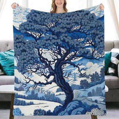 Yinrune Daintree Tree Chinoiserie Decorative Flannel Fleece Blanket White Blue Indigo Asian Soft Throw Lightweight Air Conditioning Blankets Warmth for Couch Bed Sofa Chair Travelling 40x50