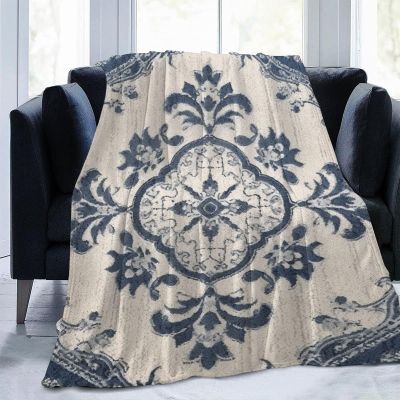 Yinrune Blue Navy Damask Blankets Farmhouse Fuzzy Blanket Throw Decor Plush Super Soft Warm Coral Fleece Blanket for Sofa Chair Living Room Adult and Kids Blanket 60x80