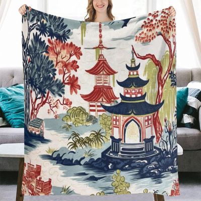 Yinrune Pagoda Blankets White Blue Coral Throw Blanket Chinoiserie Asian Fuzzy Blanket Super Soft Warm Coral Fleece Blanket for Couch Bed Sofa Cover Chair 40x50