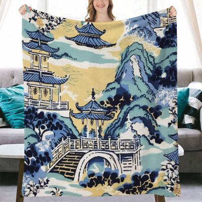 Yinrune Pagoda Chinoiserie Decorative Flannel Fleece Blanket Blue and White Asian Soft Throw Lightweight Air Conditioning Blankets Warmth for Couch Bed Sofa Chair Travelling 40x50