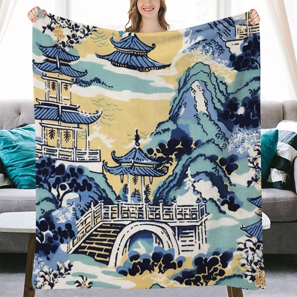 Yinrune Pagoda Chinoiserie Decorative Flannel Fleece Blanket Blue and White Asian Soft Throw Lightweight Air Conditioning Blankets Warmth for Couch Bed Sofa Chair Travelling 40x50
