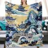 Yinrune Pagoda Chinoiserie Decorative Flannel Fleece Blanket Blue and White Asian Soft Throw Lightweight Air Conditioning Blankets Warmth for Couch Bed Sofa Chair Travelling 40x50 view 1
