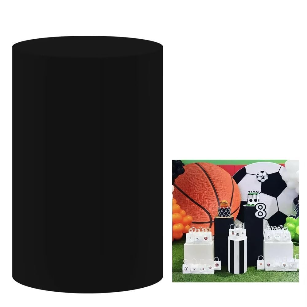 Aerdce Basketball Theme Cylinder Covers for Kids Birthday Parties Black Pedestal Stand Cover Sports Party Favors Tablecloth Decor Plinth Cover Props