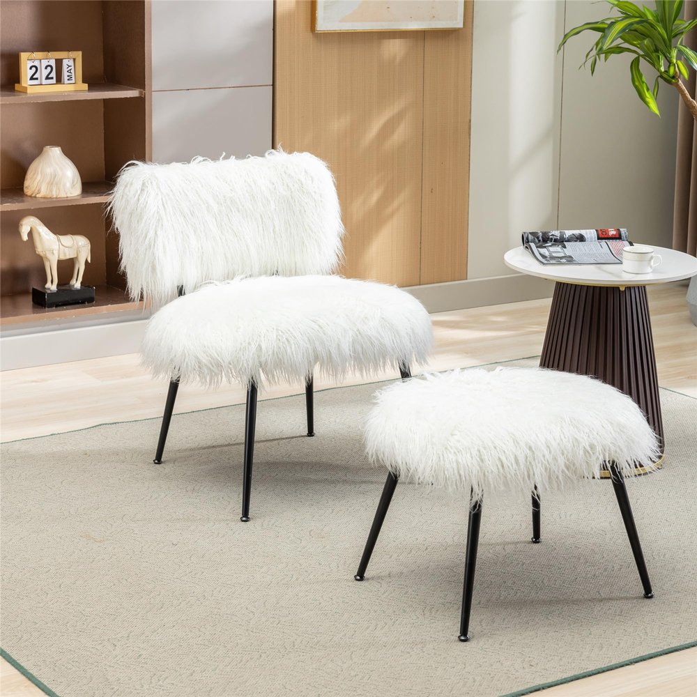 Mid Century Modern 25.2'' Wide Faux Fur Plush Accent Chair With Ottoman, Living Room Chair With Footrest, Fluffy Upholstered Armless Chair And Stool, Comfy Chair for Living Room, Bedroom (Lvory)