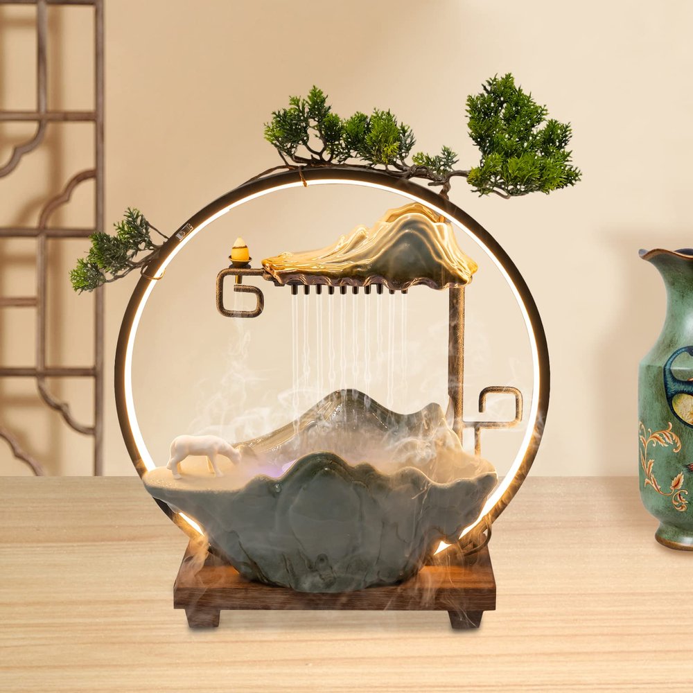 Tabletop Water Fountains Indoor Waterfall with Mist LED Indoor Water Fountains for Meditation with Fake Plants Feng Shui Decor for Good Luck Wealth in Living Room Bedroom Yoga Room (Horse Style)