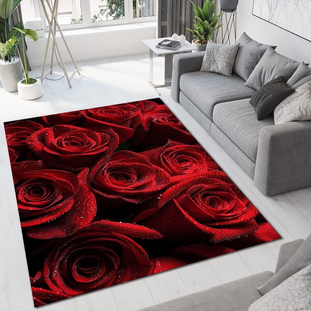 Romantic Fresh Red Roses Area Rug, Fantasy Valentine's Day Indoor Non-Slip Kids Rugs, Machine Washable Breathable Durable Carpet for Front Entrance Floor Decor,5.3 x 8ft
