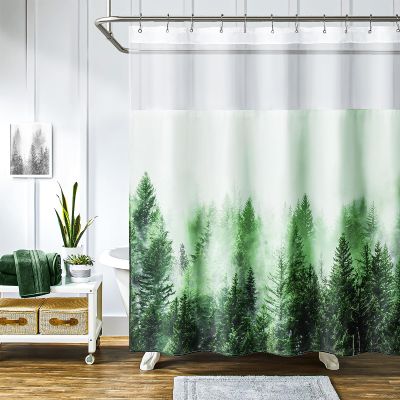 ORTIGIA Misty Forest Shower Curtain with Liner for Bathroom, Green Double Layer Nature Shower Curtain Set with See Through Top Window, Luxury Fabric Tree Bath Curtain, 72x74 with Metal Hooks
