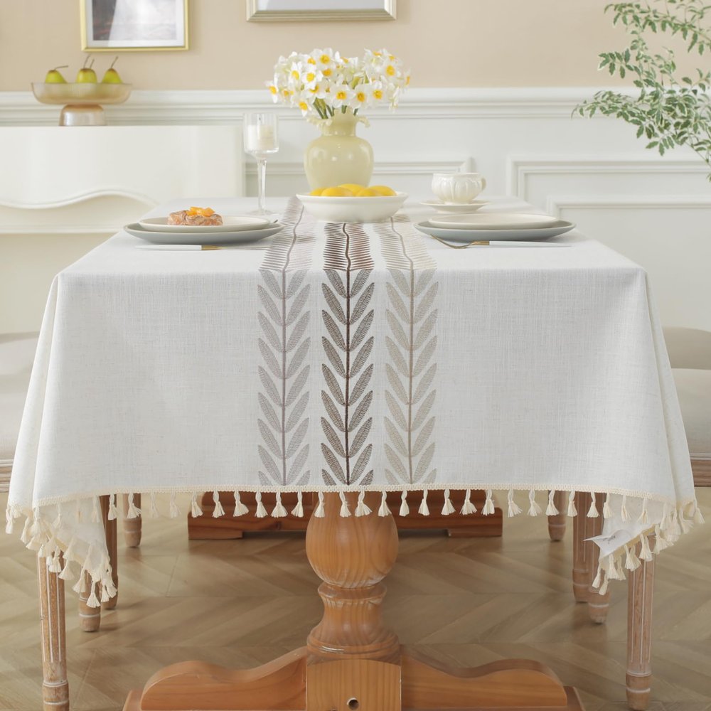 Alsoo Embroidered Tablecloth Rectangle 55 x 75 Inch, Farmhouse Otanical Floral Table Cloth Resuable Waterproof Washable Cotton Linen Fabric for Kitchen Dining Festival