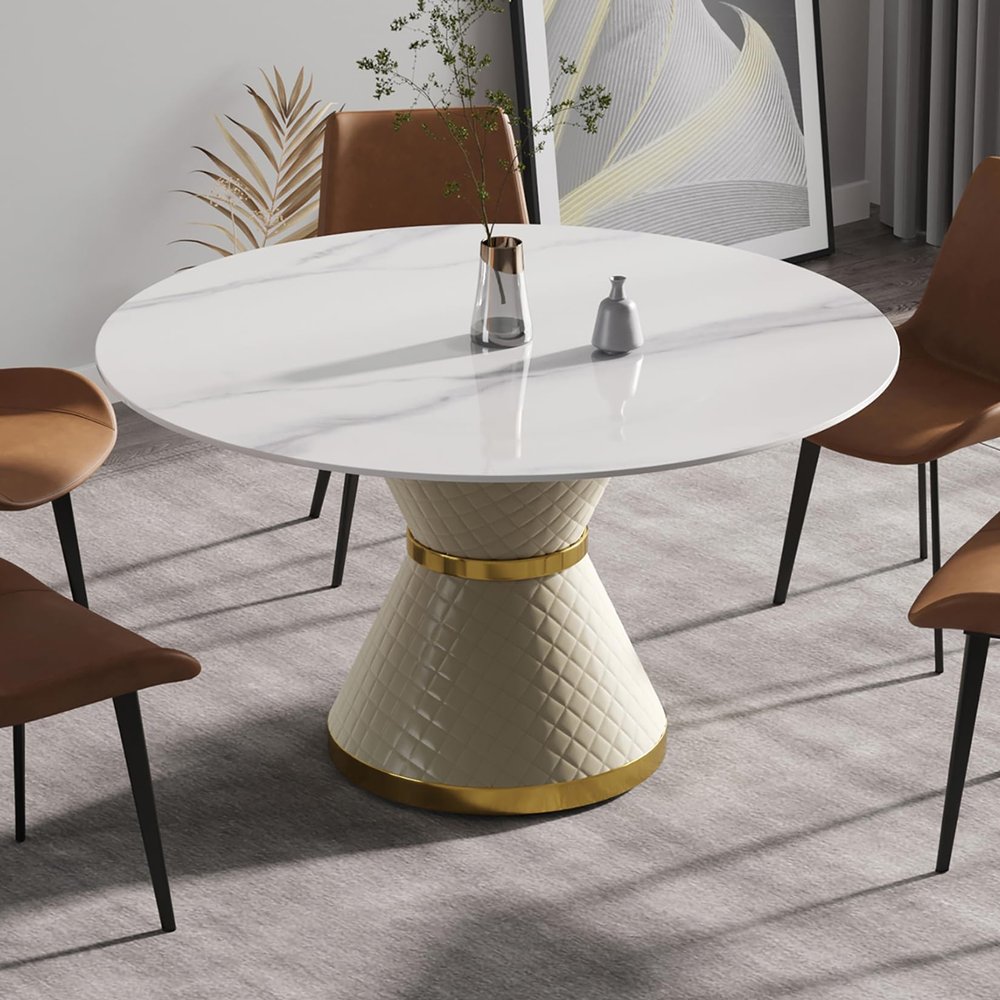 53" Round Dining Table, White Sintered Stone Tabletop and Carbon Steel Base, Modern Dining Room Table for 4-6, Luxurious Kitchen Table for Home Office Restaurant (Not Include Chair)