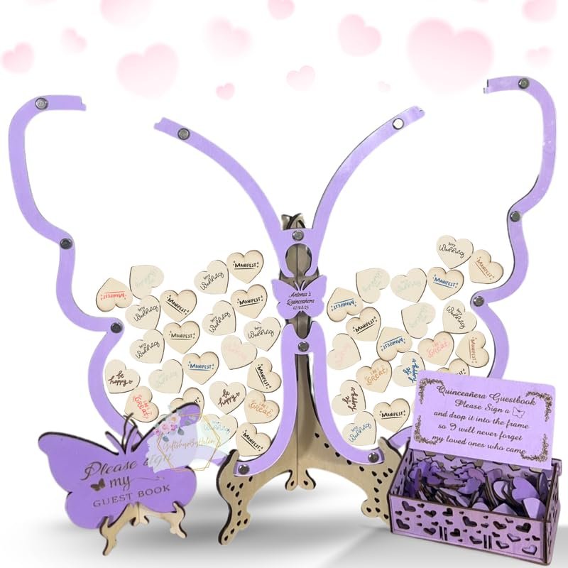 Butterfly Quinceanera Guest Book Alternative, Wooden Heart Drop Box Frame