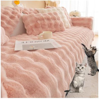 Sofa Slipcover Corner 3/2/1/4 Seater Sofa Cover, Non-Slip Sofa Cover, Luxury Rabbit Plush Sofa Covers, Super Soft Faux Fur Furniture Protector for Sectional Couch (Pink,70x90cm)