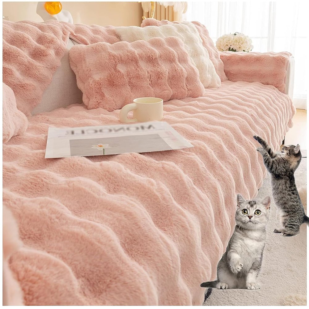 Sofa Slipcover Corner 3/2/1/4 Seater Sofa Cover, Non-Slip Sofa Cover, Luxury Rabbit Plush Sofa Covers, Super Soft Faux Fur Furniture Protector for Sectional Couch (Pink,70x90cm)