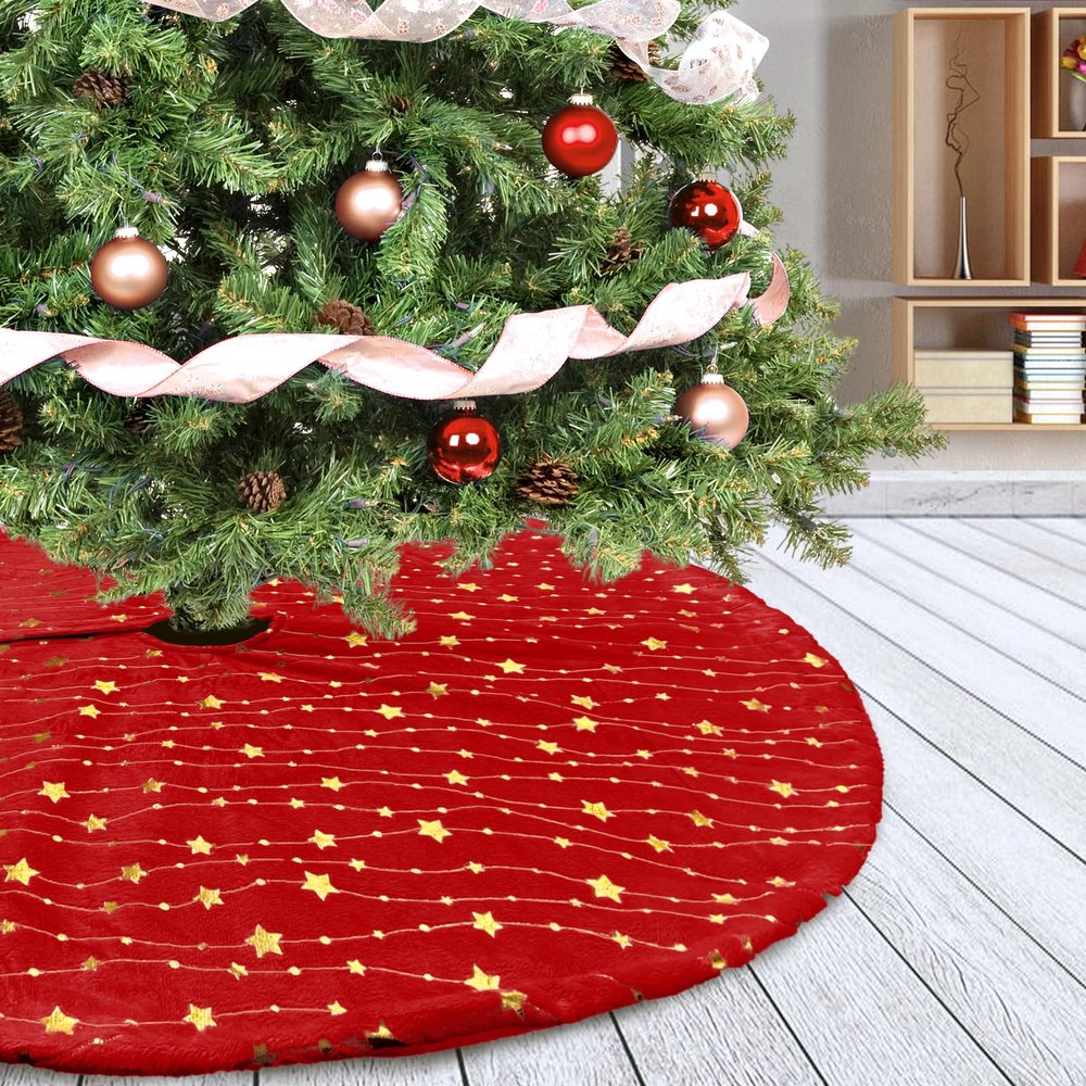 Amidaky Christmas Tree Skirt Velvet Red 48 inch Large Soft Christmas Tree Mat with Gold Star Pattern for Indoor Outdoor Xmas Holiday Party Decoration