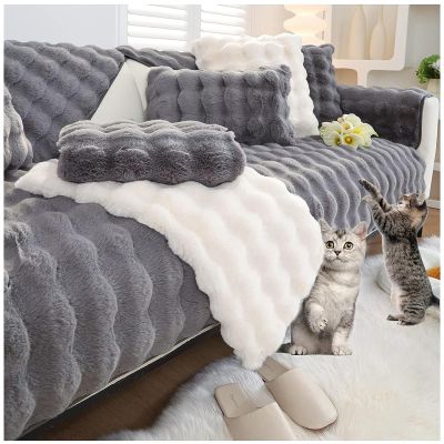 Sofa Slipcover Corner 3/2/1/4 Seater Sofa Cover, Non-Slip Sofa Cover, Luxury Rabbit Plush Sofa Covers, Super Soft Faux Fur Furniture Protector for Sectional Couch (Grey,70x90cm)