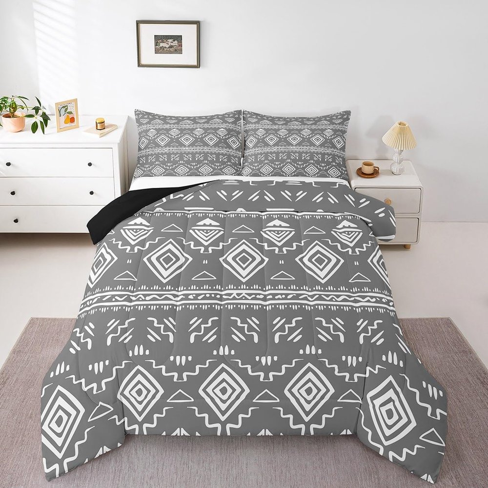 Erosebridal Boho Western Full Bedding Sets for Men Grey White Geometric Bohemian Quilt Exotic Ethnic Tribal Aztec Comforter Set Rustic Farmhouse Duvet Insert Southwestern Room Decor 2 Pillow Cases