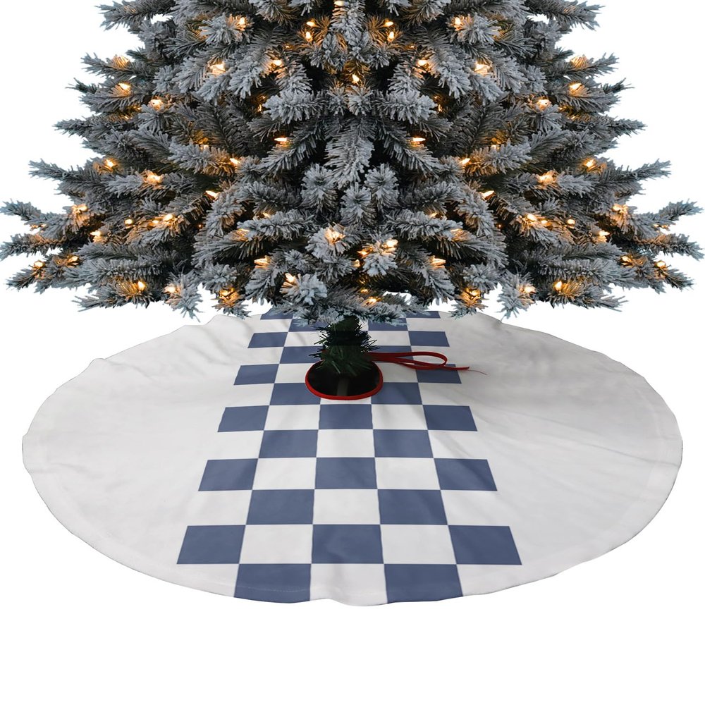 Xmas Tree Skirts Ornaments,Farmhouse Buffalo Check Plaid Navy Blue and White Xmas Tree Mat for Holiday Party Indoor Outdoor Home Decorations 48inch