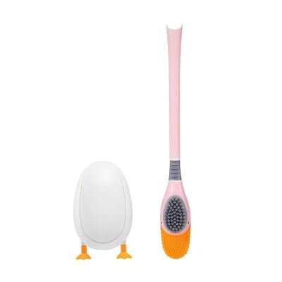 RoLTin Toilet Brush, Non Dead Corner Long Handle Soft Fur Toilet Brush, Wall Hanging and Floor Cleaning Brush, Cute Bathroom Cleaning Set Pink