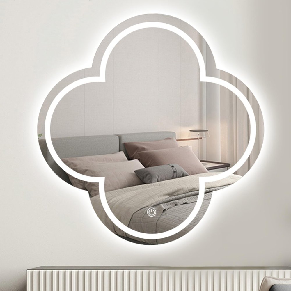 Modern Frameless Bathroom Mirror With LED Lights, Wall Mounted Decorative Mirror, Smart Touch Cosmetic Mirror, Stylish Clover Shape, HD, Explosion Proof, 3 Colour Lights, Dimmable ( Size : 60cm )