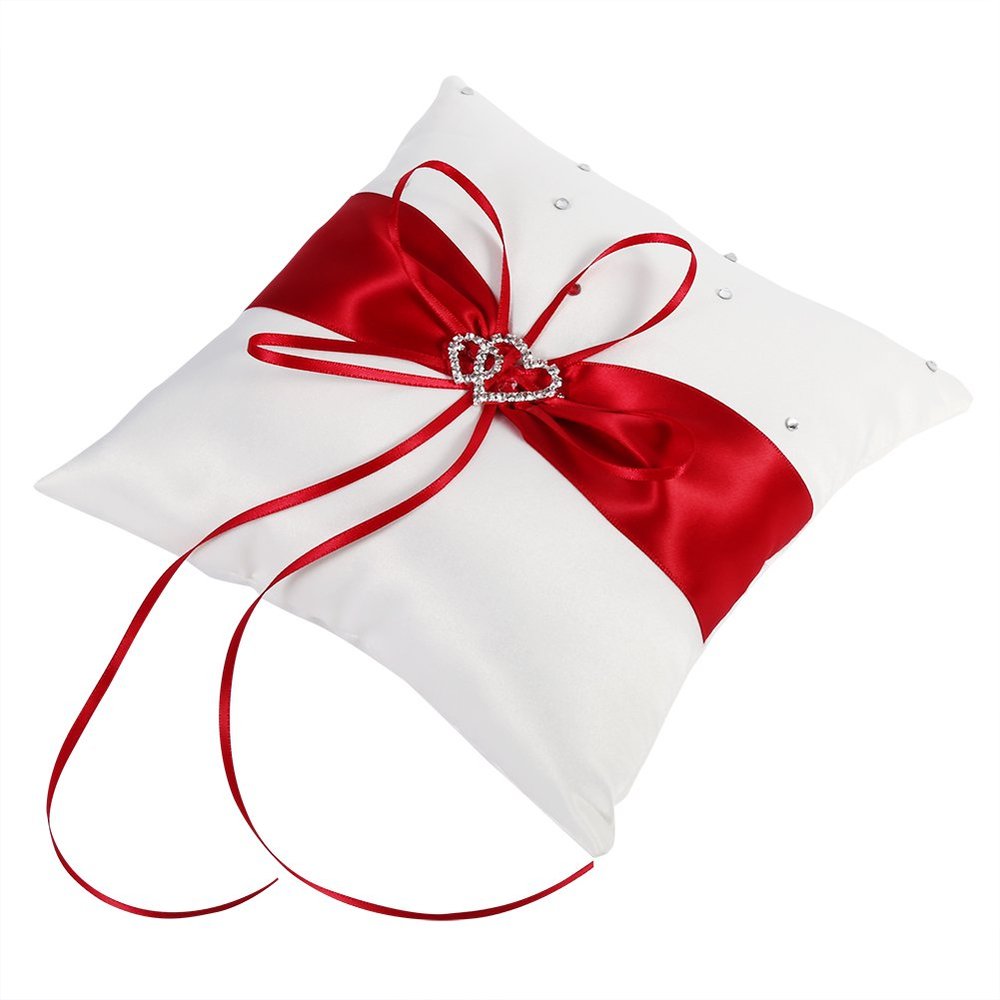 Wedding Ring Pillow, Bridal Ring Bearer Holder Cushion 4 Colors Wedding Ring Bearer Holder Pillow Cushion with Bowknot Stain Double Hearts Diamonds Wedding Accessories Decor(Red)