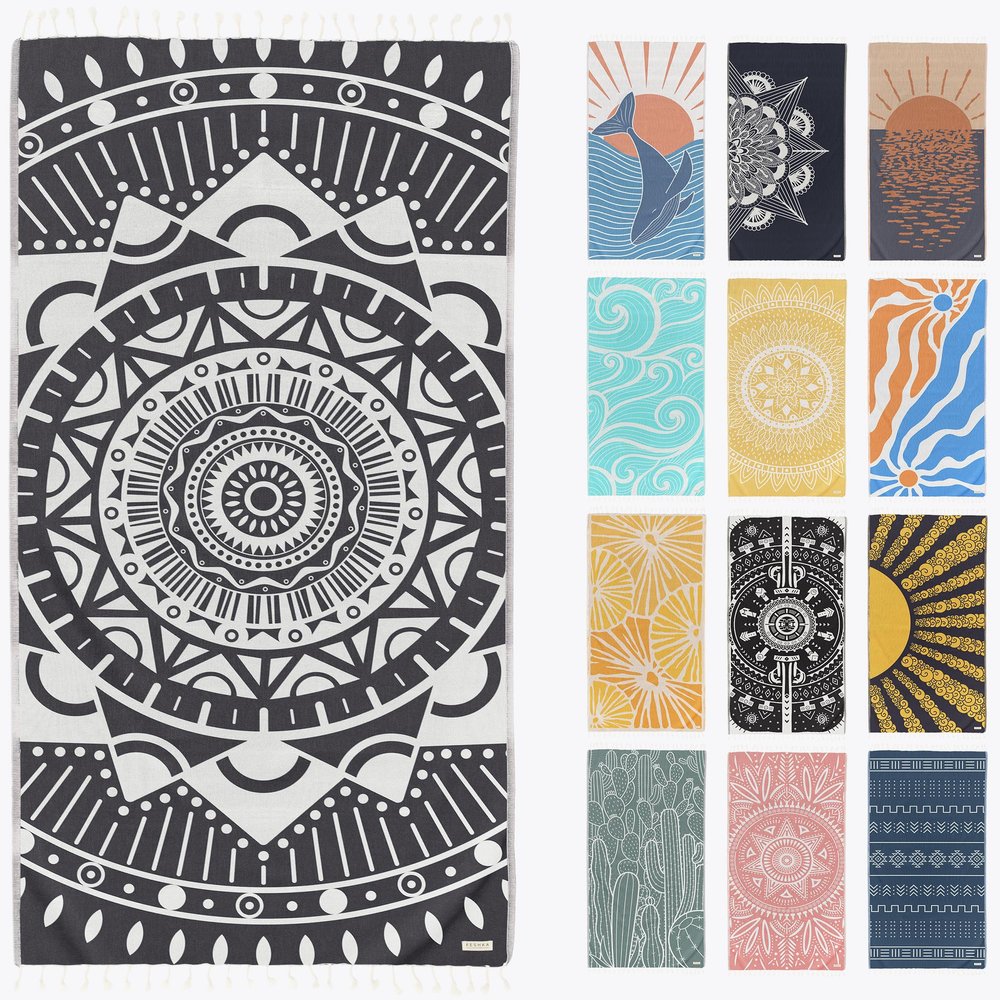 FESHKA Sand Free Turkish Beach Towel (37 x 67) Quick Dry Bath Towel, Oversized Beach Blanket, Lightweight for Travel - Made with 100% Organic Turkish Cotton - Wanderer (Black)