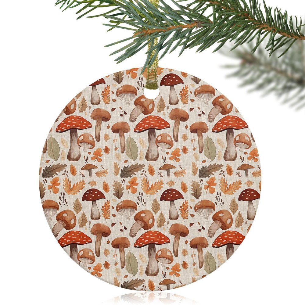2024 Christmas Ornament Xmas Tree Hanging Accessories,Farm Mushroom Orange Leaves Seamless Christmas Tree Round Ceramic Ornaments for Holiday Party Home Decor,Fall Thanksgiving Retro Linen