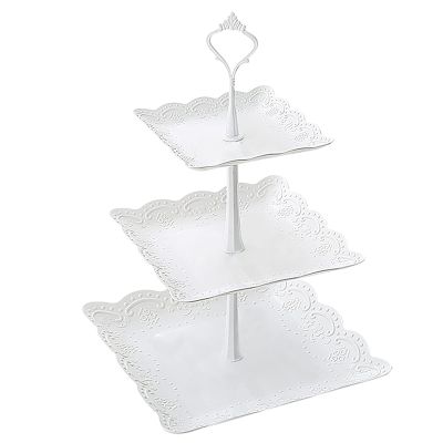 3 Tier Serving Tray, White Plastic 3 Tiers Dessert Cakecup Stand, Cookie Display Tower Tray, Fruit Tray for Wedding Tea Birthday Party Fruit Tea Party (Rectangle)