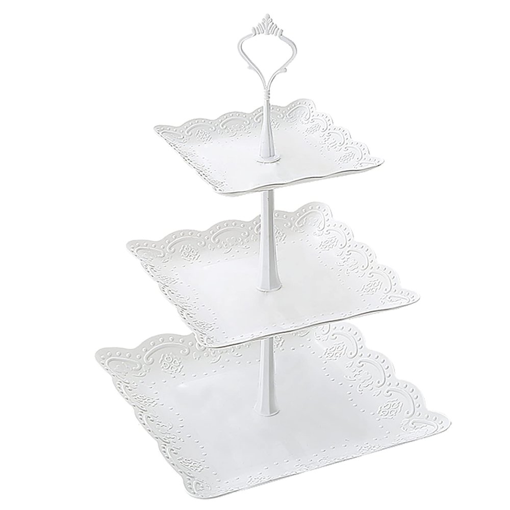 3 Tier Serving Tray, White Plastic 3 Tiers Dessert Cakecup Stand, Cookie Display Tower Tray, Fruit Tray for Wedding Tea Birthday Party Fruit Tea Party (Rectangle)