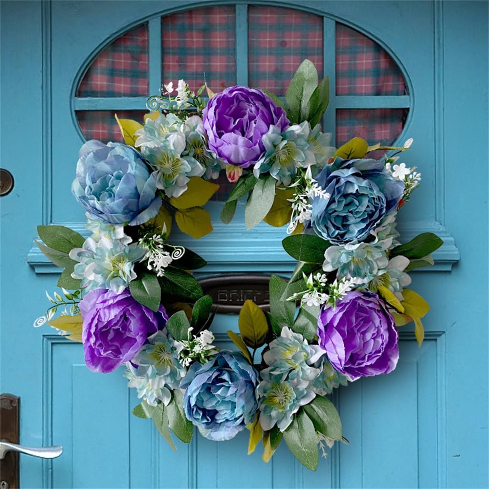 MinimalistXS 15.75" Blue Peony Wreath, Spring to Winter, Indoor/Outdoor, Handcrafted with Materials