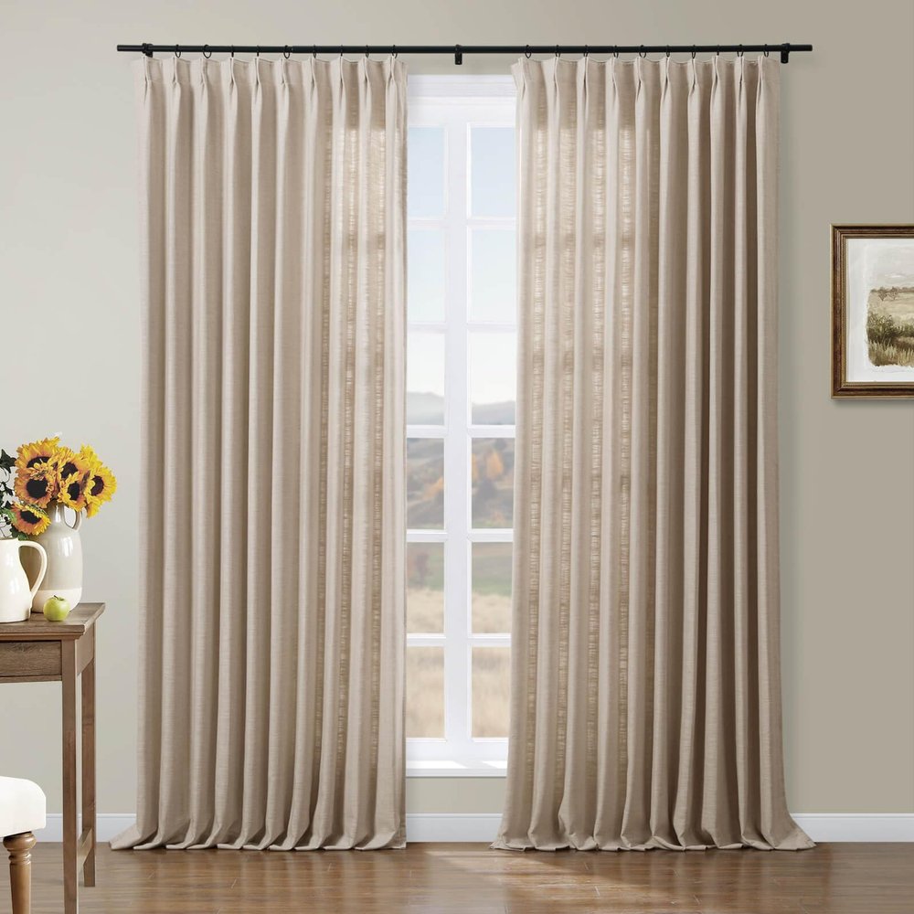 Drapifytex Faux Linen Pinch Pleated Curtain, Room Darkening Bedroom Drapery, 56 Inch Width x 96 Inch Length Tapioca Curtain for Living Room Sliding Glass Door, 1 Panel