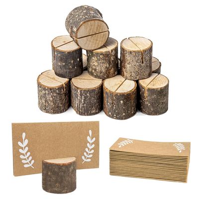 Wettin 12Pcs Rustic Wood Place Card Holders with 15Pcs Kraft Place Cards, Wooden Tables Number Holder, Table name card holders Photo Clips, for thanksgiving Wedding Birthday Party.