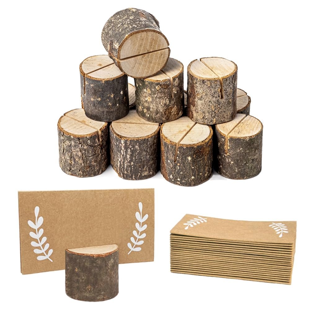 Wettin 12Pcs Rustic Wood Place Card Holders with 15Pcs Kraft Place Cards, Wooden Tables Number Holder, Table name card holders Photo Clips, for thanksgiving Wedding Birthday Party.