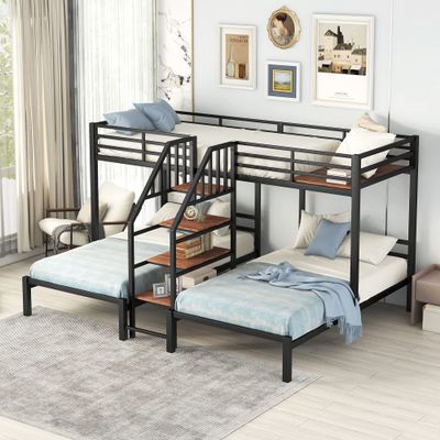 Brabrety Metal Triple Bunk Bed with Storage Shelves Staircase, Twin Over Twin & Twin Bunk Bed with Safety Guardrail for Kids Teens Adults Bedroom and Dormitory. (Black#P)