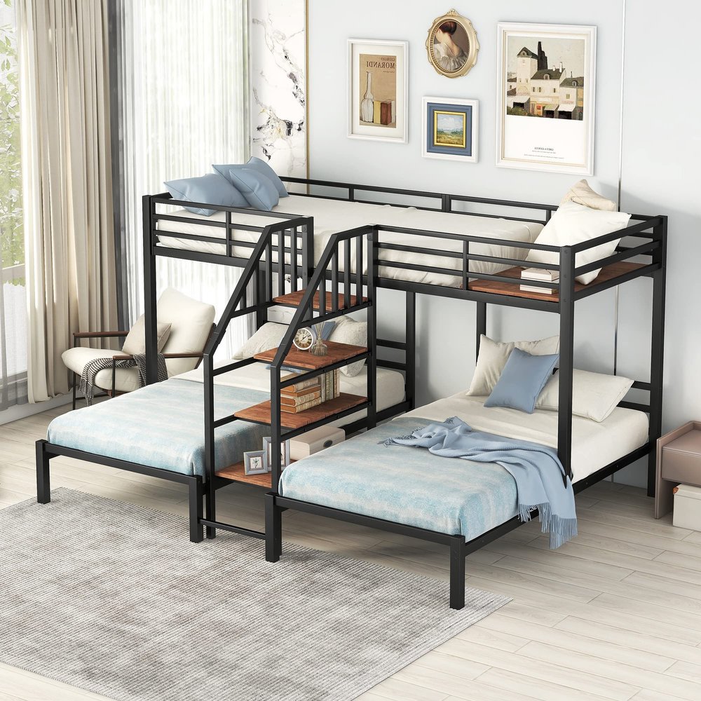 Brabrety Metal Triple Bunk Bed with Storage Shelves Staircase, Twin Over Twin & Twin Bunk Bed with Safety Guardrail for Kids Teens Adults Bedroom and Dormitory. (Black#P)