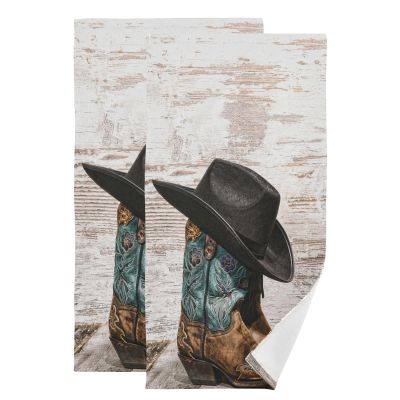 KENADVI Western Rodeo Cowboy Hand Towels Set of 2,Soft Absorben Black Grey Hat Brown Boots Kitchen Dish Towels,Retro Grunge Art Decorative Hand Towels for Bathroom,Shower,Face,Hair,Guest 14"x28"