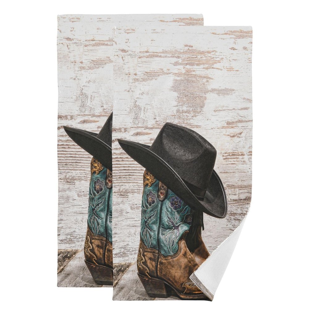 KENADVI Western Rodeo Cowboy Hand Towels Set of 2,Soft Absorben Black Grey Hat Brown Boots Kitchen Dish Towels,Retro Grunge Art Decorative Hand Towels for Bathroom,Shower,Face,Hair,Guest 14"x28"