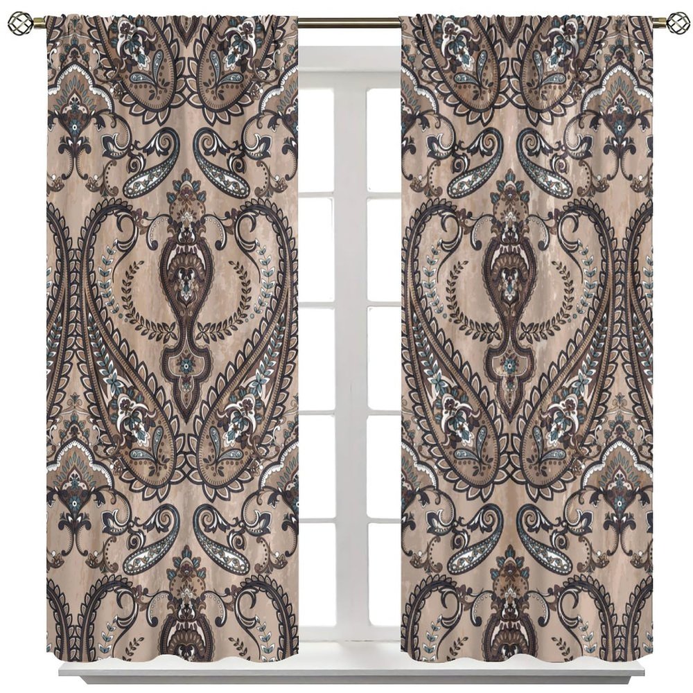 Vintage Curtains,Brown Paisley Patterned Home Window Treatments,Boho Ethnic Home Bedroom Living Room Kitchen Window Curtains 42x54 Inch
