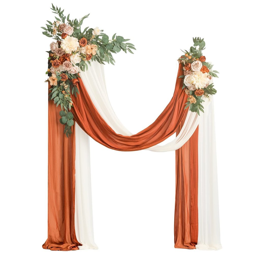 HJLRR Wedding Arch Flowers Kit(4 Pack), 2pcs Artificial Flowers Rose Vine with 2pcs Sheer Fabric Drape, Handmade Silk Wedding Flowers Garland for Wedding Party Ceremony,A2