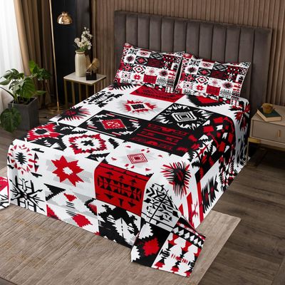 Southwestern Bedspread Set Twin Exotic American Tribal Western Quilt Set Patchwork Boho Aztec Coverlet Set for Kids Adults Hippie Geometric Bed Set Red Black White Western Room Decor 2 Pcs