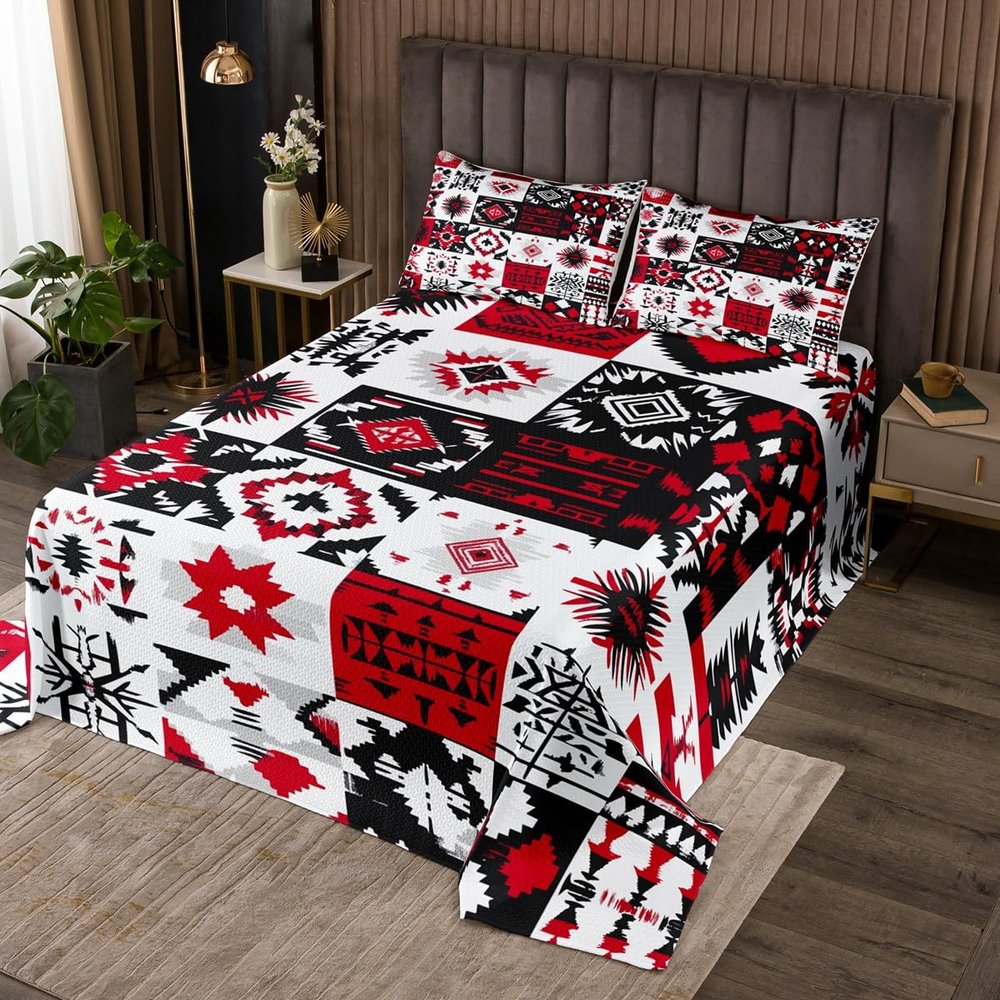 Southwestern Bedspread Set Twin Exotic American Tribal Western Quilt Set Patchwork Boho Aztec Coverlet Set for Kids Adults Hippie Geometric Bed Set Red Black White Western Room Decor 2 Pcs