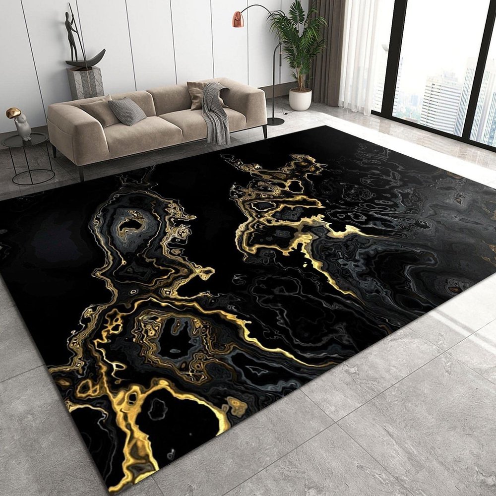 Abstract Black Marble Area Rugs, Gold Swirl Water Waves Indoor Non-Slip Kids Rug, Machine Washable Breathable Durable Carpet for Front Entrance Floor Decor,3 x 5ft