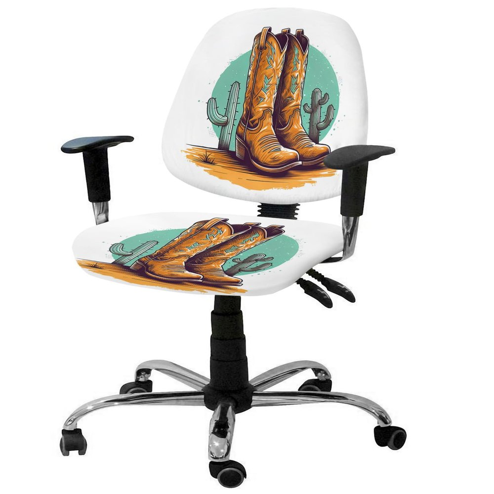AMZRicher Western Cowboy Office Chair Cover Stretchable Computer Chair Seat Cover Backrest Slipcovers, Teal Cactus Watercolor Brown Stretchable Rotating Desk Chair Seat Cushion Split Protectors